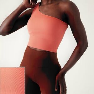 ATHLETA SOFT PERSIMMON AURORA RIBBED ONE SHOULDER cropped tank/ sports bra NWT
